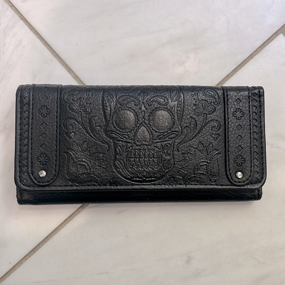 Loungefly black embossed faux leather trifold wallet with sugar skull detail